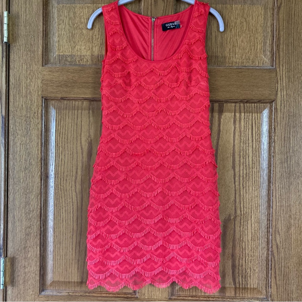 Guess Vibrant Orange Modern Fringe Lace Dress 0